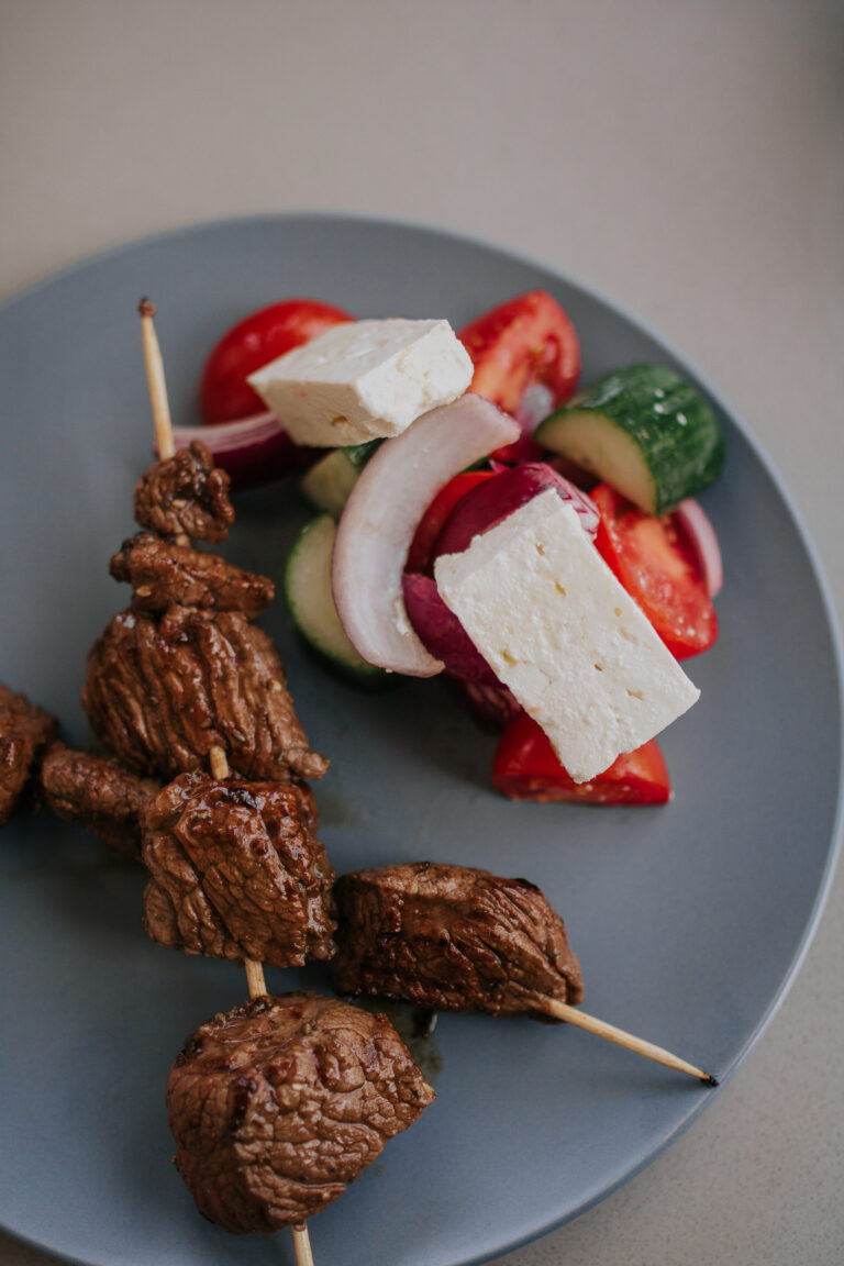 Greek Marinate Steak Skewers with Horiatiki Salad Recipe